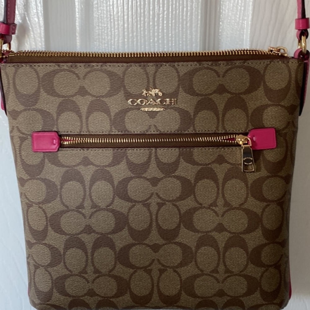 Coach Rowan Hot Bold Pink & Khaki File Bag Crossbody Purse Signature C1554 💕💕